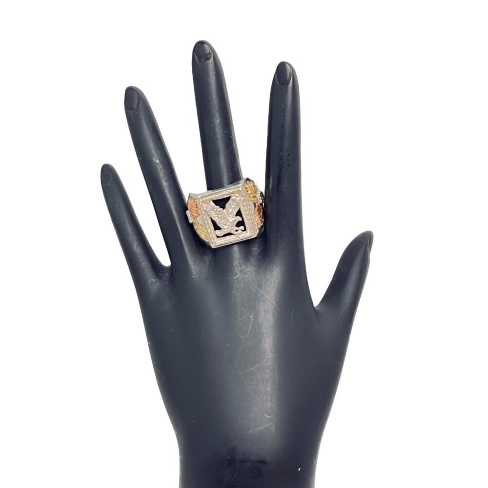 Black Hills Sterling Silver & Onyx Men’s Eagle Ring W/12K Gold Leaves (R357)